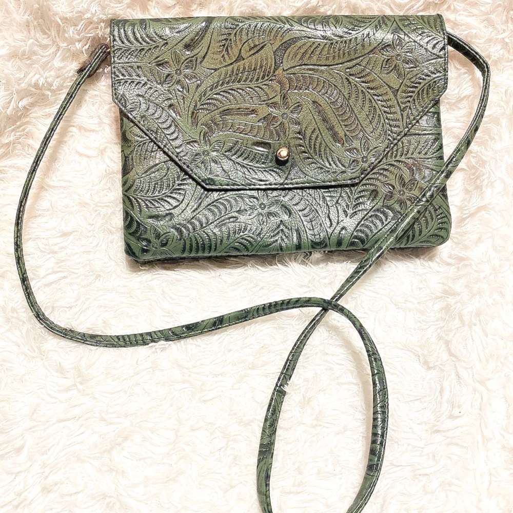 Green Tooled Leather Street Level Crossbody Bag